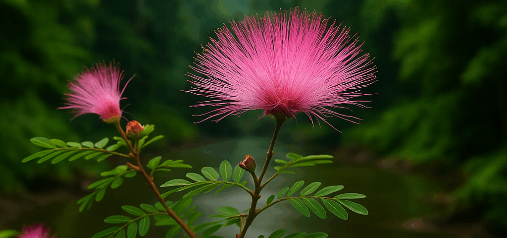 Bobinsana plant with vibrant pink flowers growing along the Amazon River, traditionally used in Amazonian ceremonies and heart-opening practices.