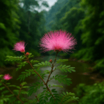 Bobinsana plant with vibrant pink flowers growing along the Amazon River, traditionally used in Amazonian ceremonies and heart-opening practices.